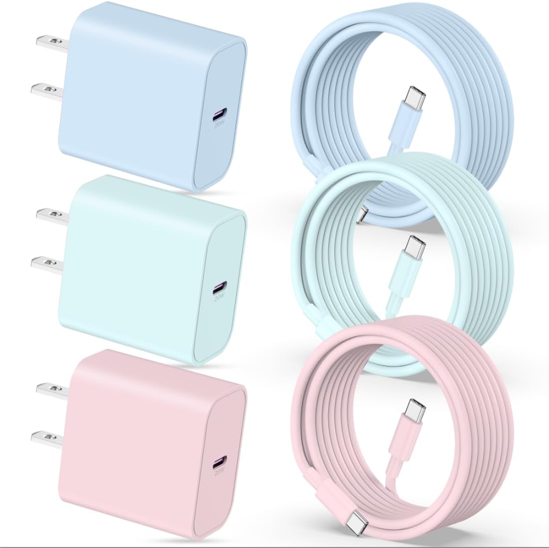 WODENTA 20W USB C Fast Charger for iPhone 15/15 Pro Max, 3Pack USB C Wall Charger Block Plug with 6FT Color USB C to C Fast Charging & Sync Cable for iPhone 15 Pro Max Plus, iPad Pro Air Mini, AirPods