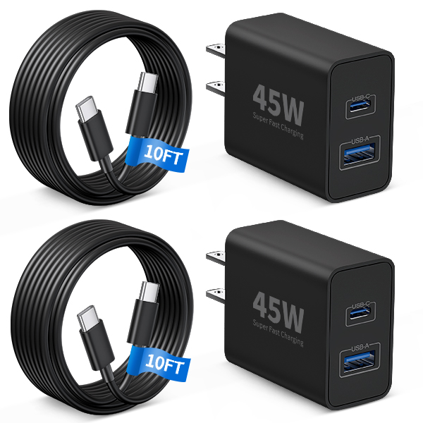 iPhone 17 Charger, 2-Pack 45W Fast Charging Dual Port Type C Power Adapter, USB C Charger Block for iPhone 17/17 Pro/17 Pro Max/Air/17e/16/15 Pro Max/Plus, iPad with Long 10FT USB-C Cable Cord